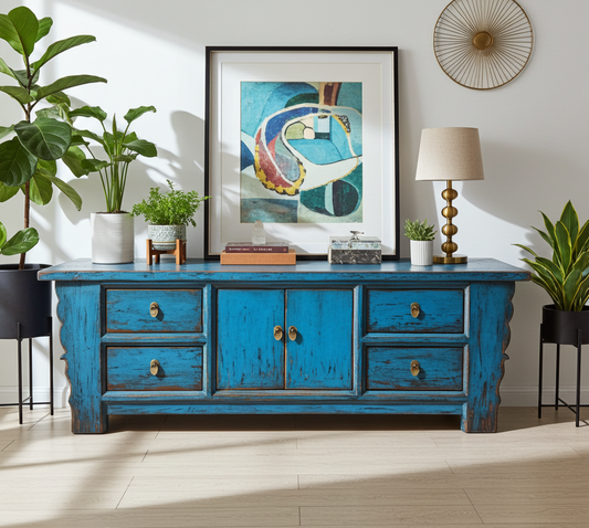 Vintage Asia Asiatisches Lowboard Kommode Bank Blau - Art. 35208-1