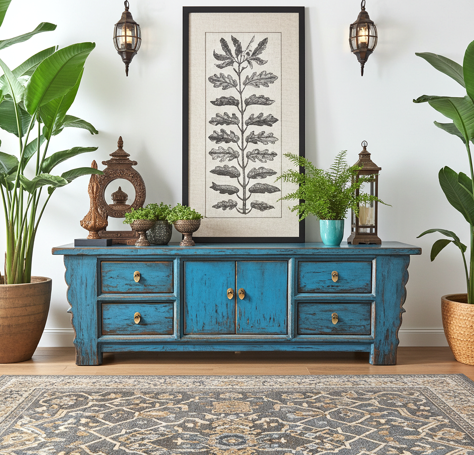 Vintage Asia Asiatisches Lowboard Kommode Bank Blau - Art. 35208-1