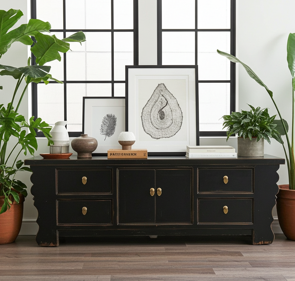 Vintage Asia Asiatisches Lowboard Kommode Bank Schwarz - Art. 35208-2