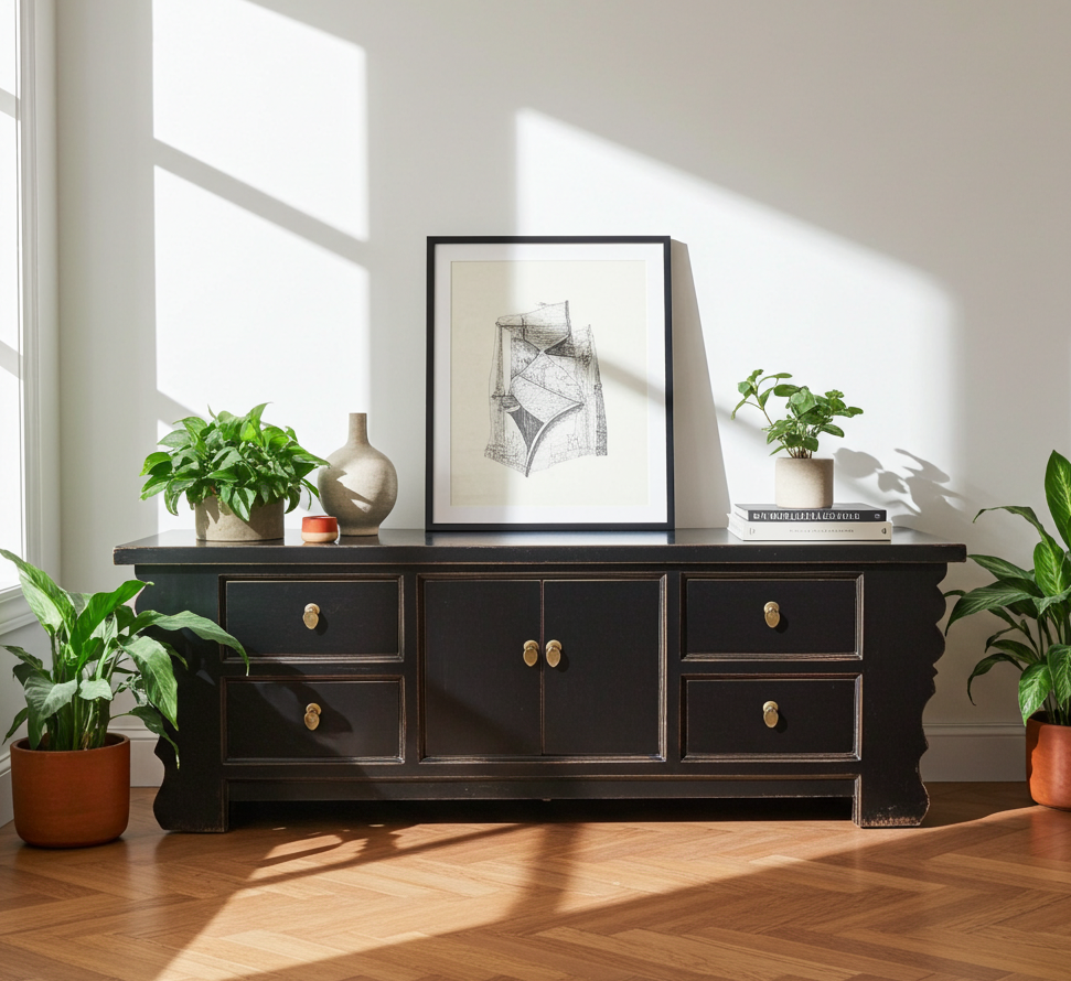 Vintage Asia Asiatisches Lowboard Kommode Bank Schwarz - Art. 35208-2