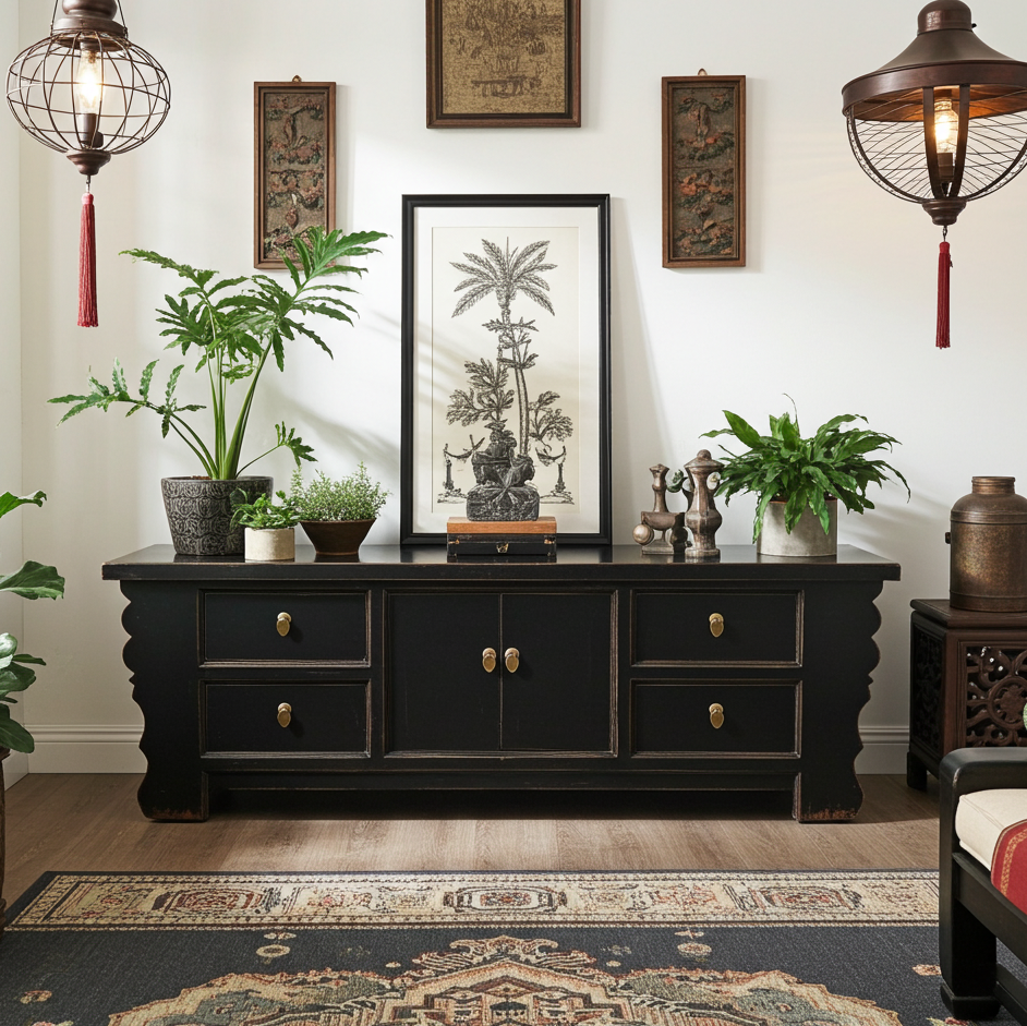 Vintage Asia Asiatisches Lowboard Kommode Bank Schwarz - Art. 35208-2