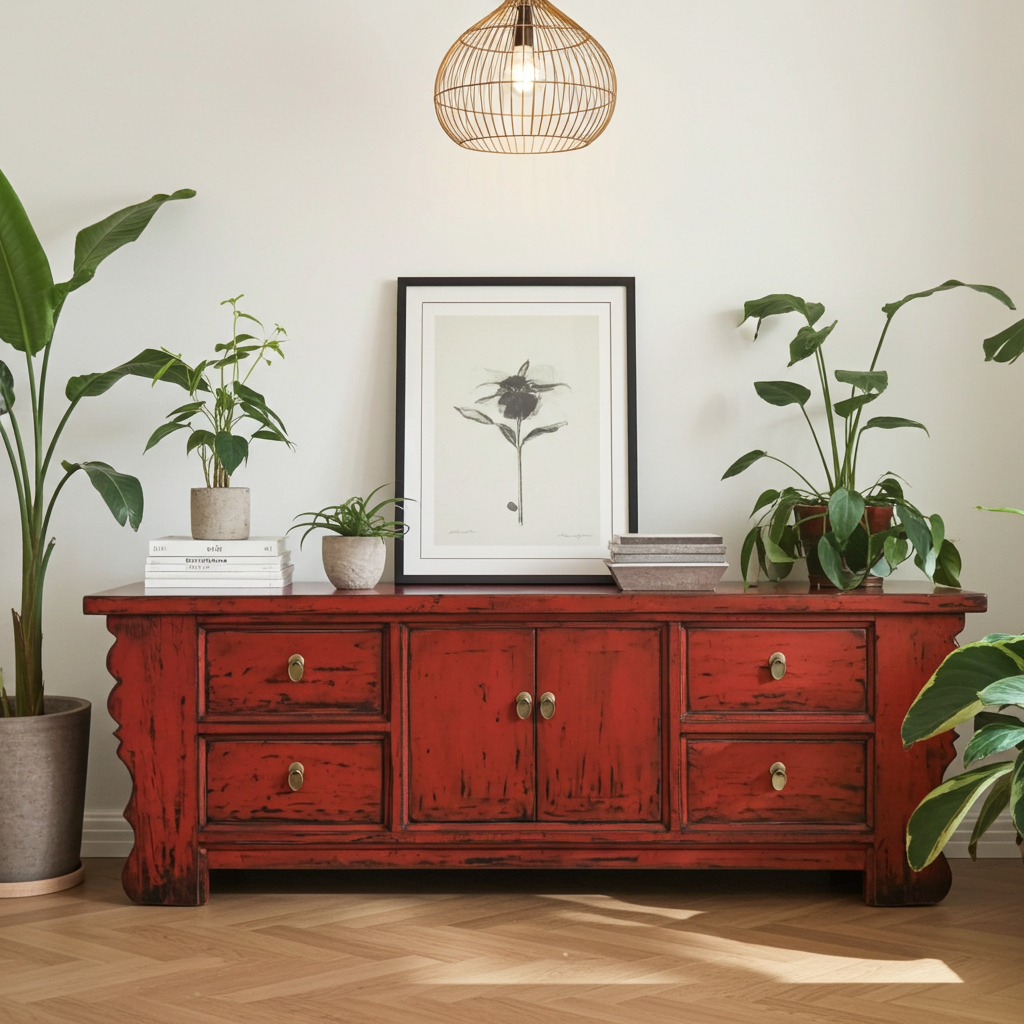 Vintage Asia Asiatisches Lowboard Kommode Bank Rot - Art. 35208-3