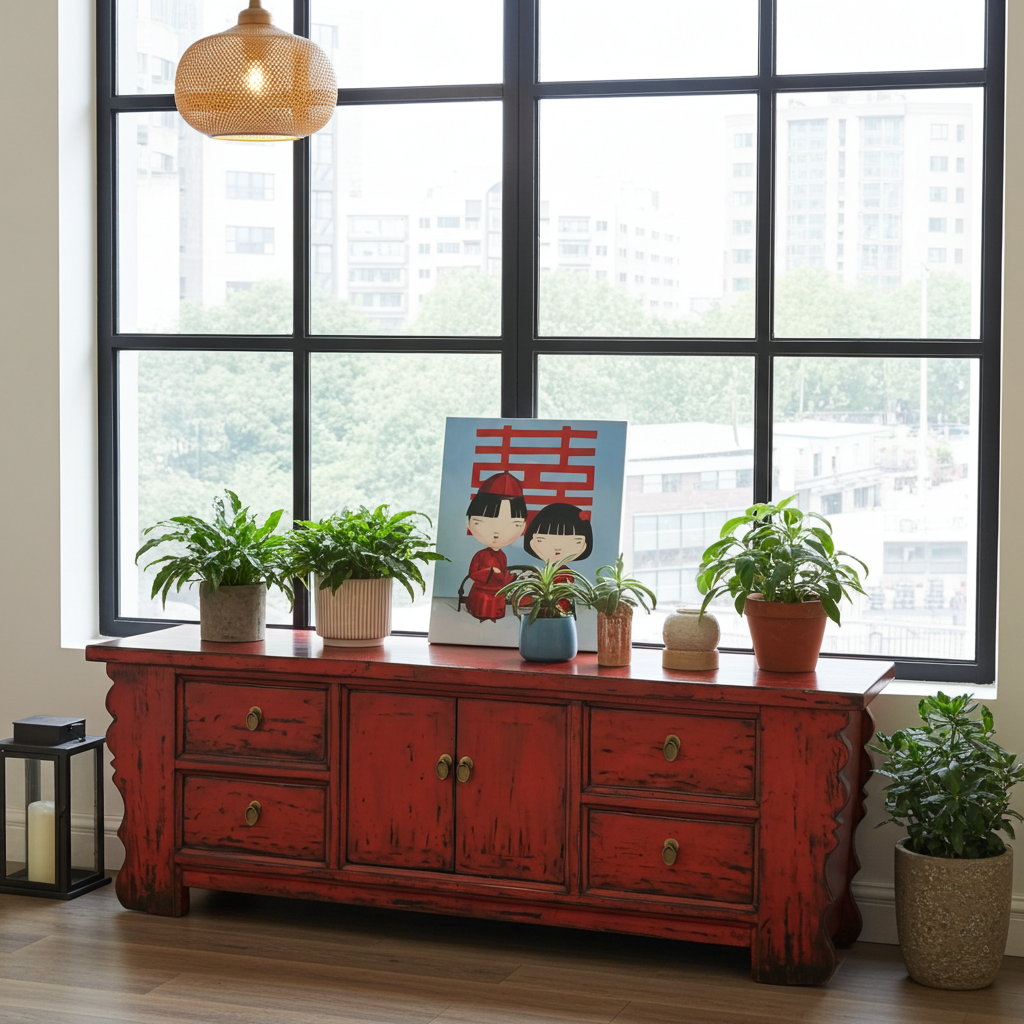 Vintage Asia Asiatisches Lowboard Kommode Bank Rot - Art. 35208-3