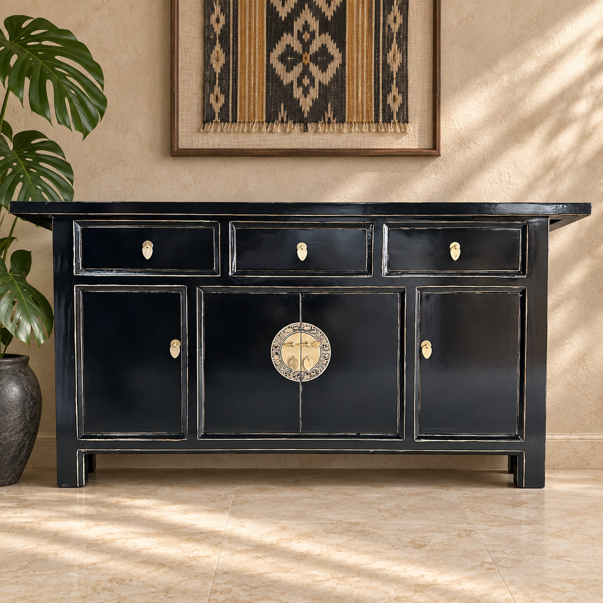 Vintage Asia Chinesisches Sideboard Kommode Schrank Schwarz - Art. 34373-Black