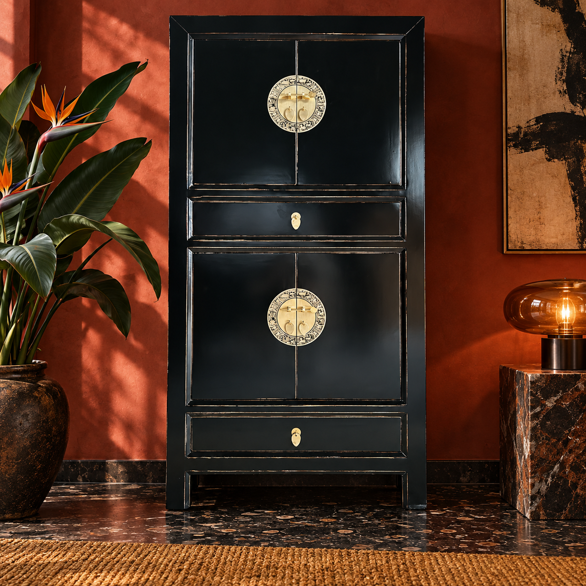 Vintage Asia Hochzeitsschrank Schrank Kommode Regal Grau - Art. 33724-Black