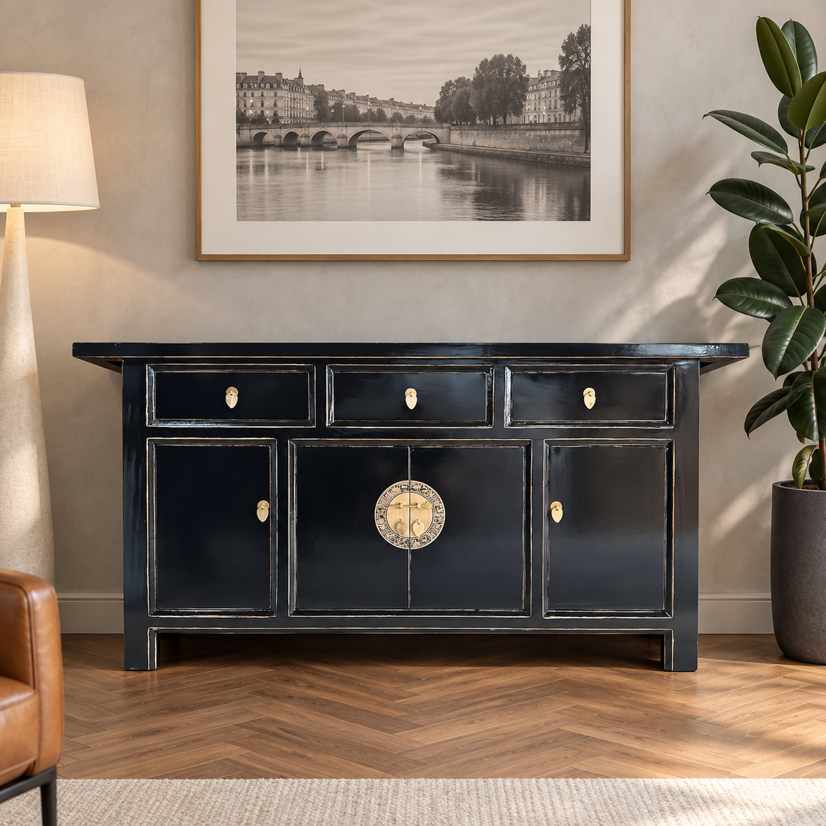 Vintage Asia Chinesisches Sideboard Kommode Schrank Schwarz - Art. 34373-Black
