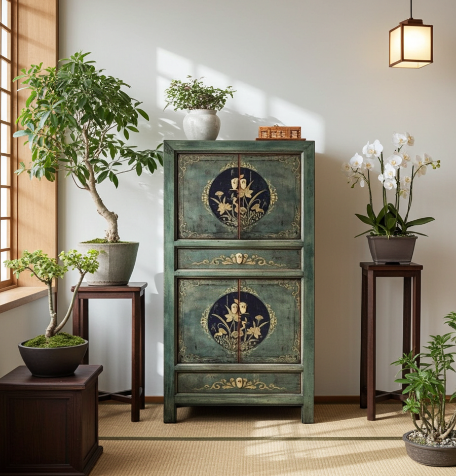 Vintage Asia Hochzeitsschrank Schrank Kommode Regal Tannengrün - Art. 33723-2