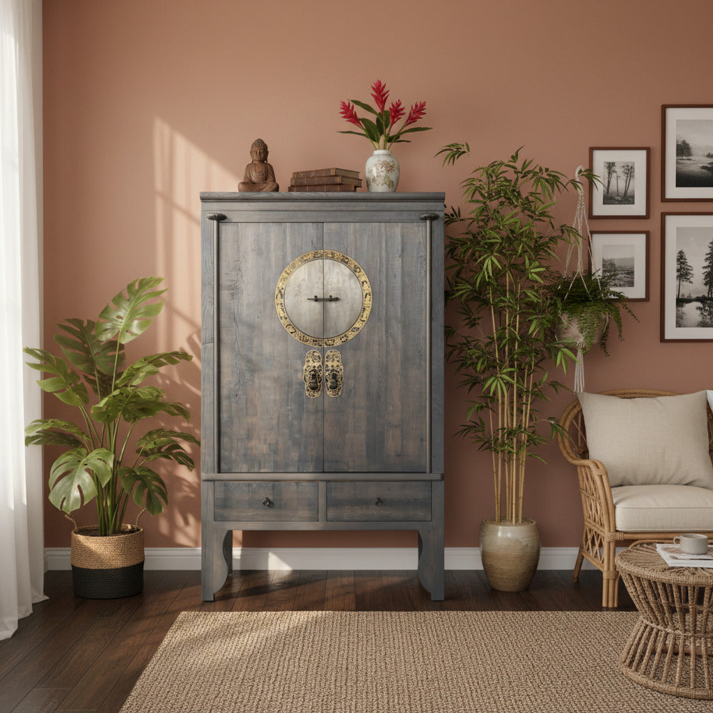 Vintage Asia Chinesischer Schrank Hochzeitsschrank Dunkelgrau- Art. A502/darkgray