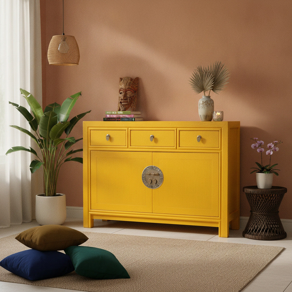 Vintage Asia Chinesische Kommode Sideboard Regal Gelb - Art. 33083-GoldenSun