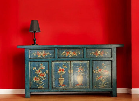 Vintage Asia Orientalische Kommode Sideboard Schrank Blau-Orange - Art. 34372-1