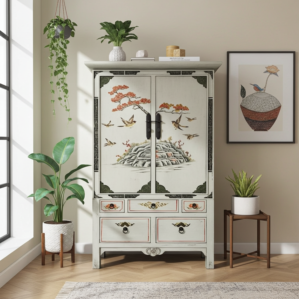 Vintage Asia Handbemalter asiatischer Schrank Kommode - Art. 2023-1