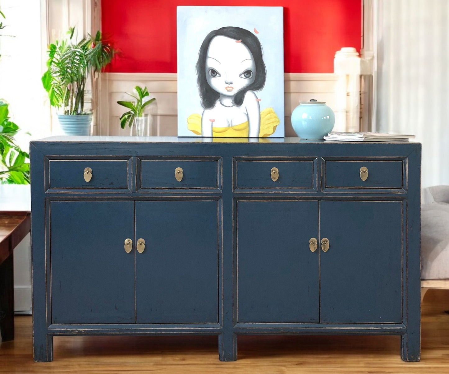 Vintage Asia Chinesisches Sideboard Kommode Schrank Dunkelblau - Art. 31196-darkblue