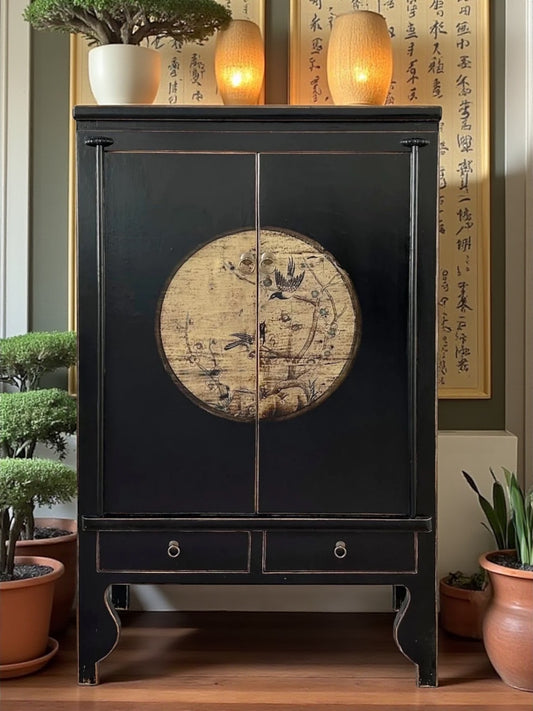 Vintage Asia Chinese Cabinet Wedding Cabinet Chest of Drawers Black-Beige - Art. A600-3