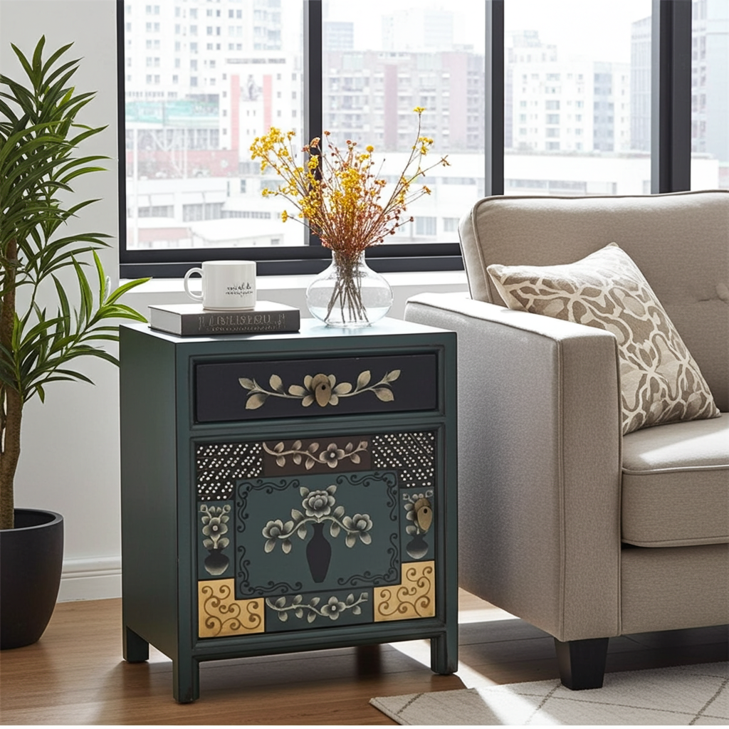 Vintage Asia Chinesisches Nachtkästchen Nachttisch "Oceanflowers" - Art. 35191-6