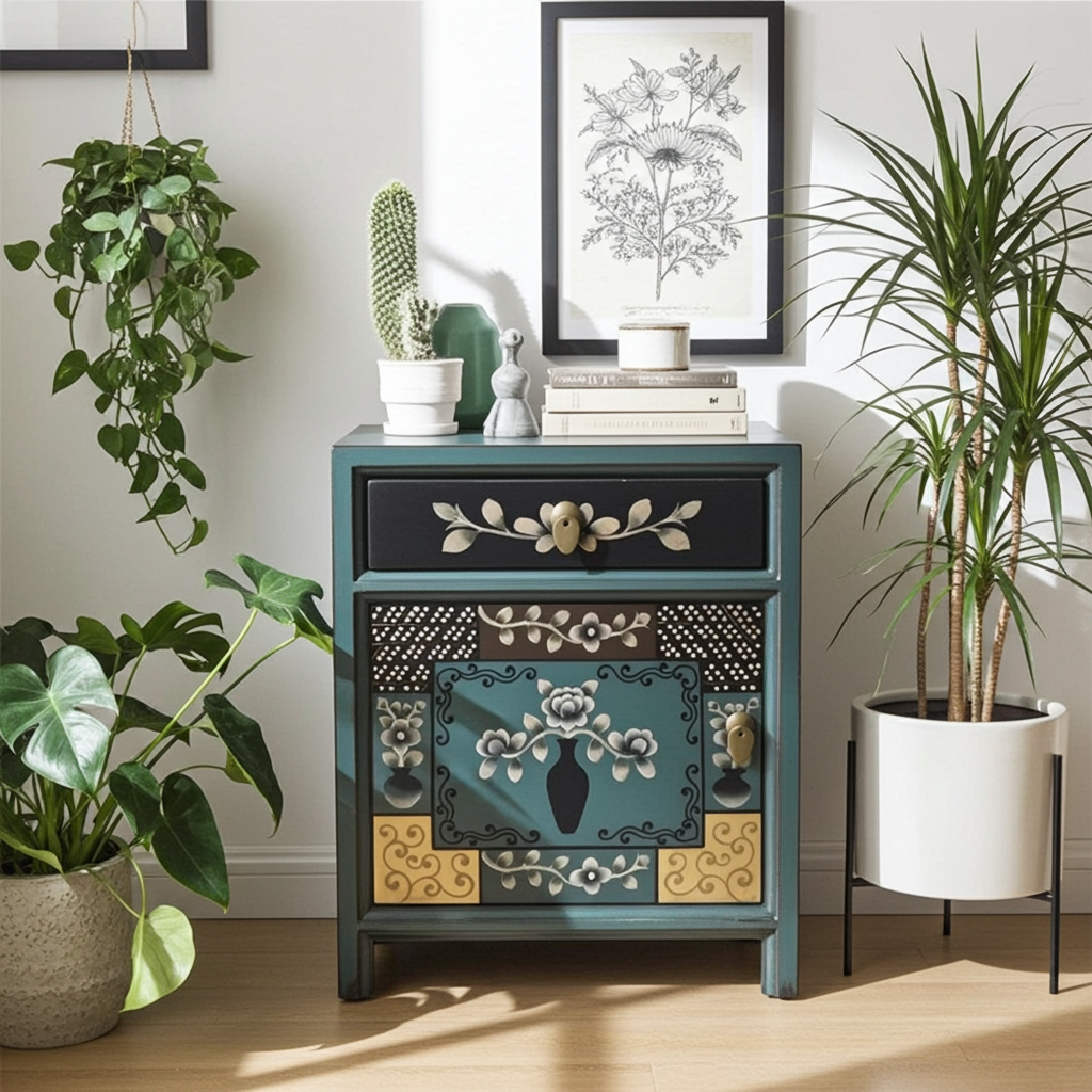 Vintage Asia Chinesisches Nachtkästchen Nachttisch "Oceanflowers" - Art. 35191-6