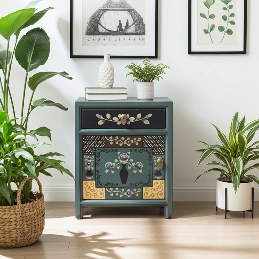 Vintage Asia Chinesisches Nachtkästchen Nachttisch "Oceanflowers" - Art. 35191-6