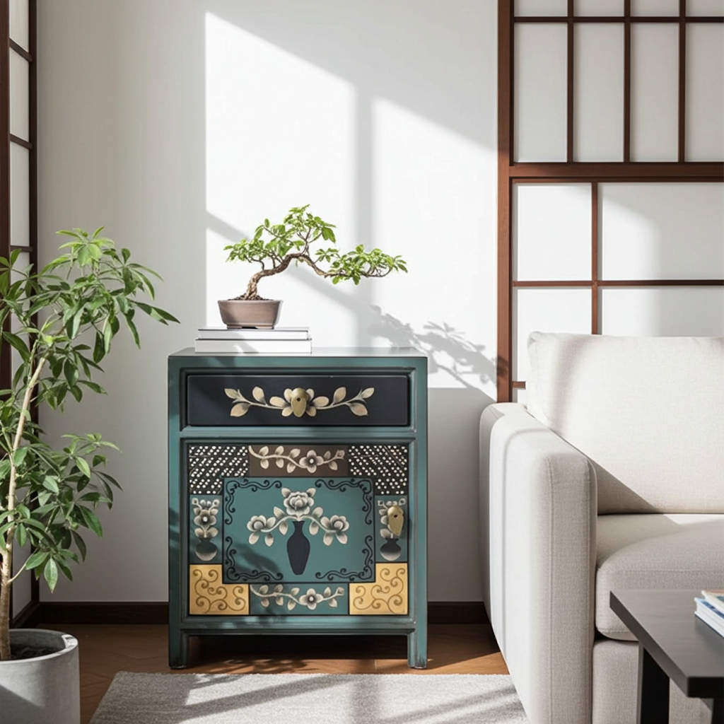 Vintage Asia Chinesisches Nachtkästchen Nachttisch "Oceanflowers" - Art. 35191-6