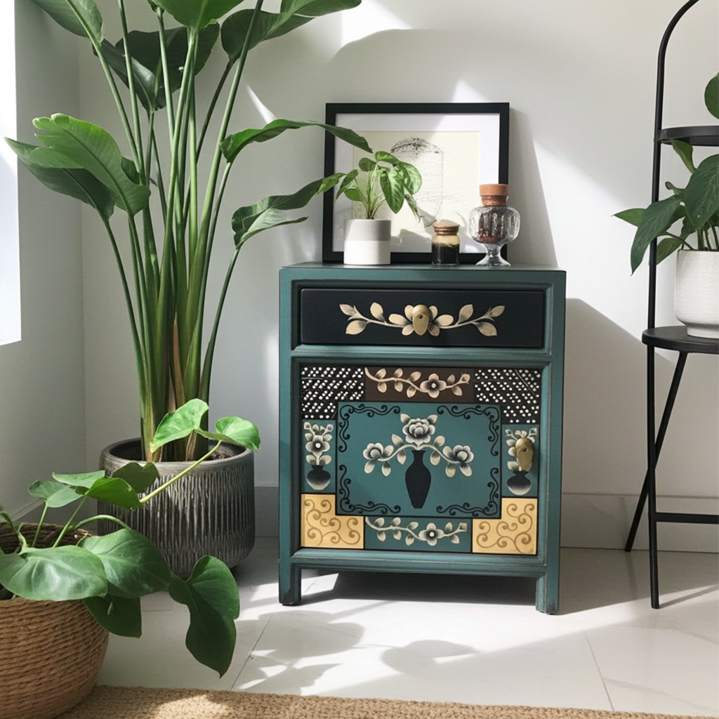 Vintage Asia Chinesisches Nachtkästchen Nachttisch "Oceanflowers" - Art. 35191-6