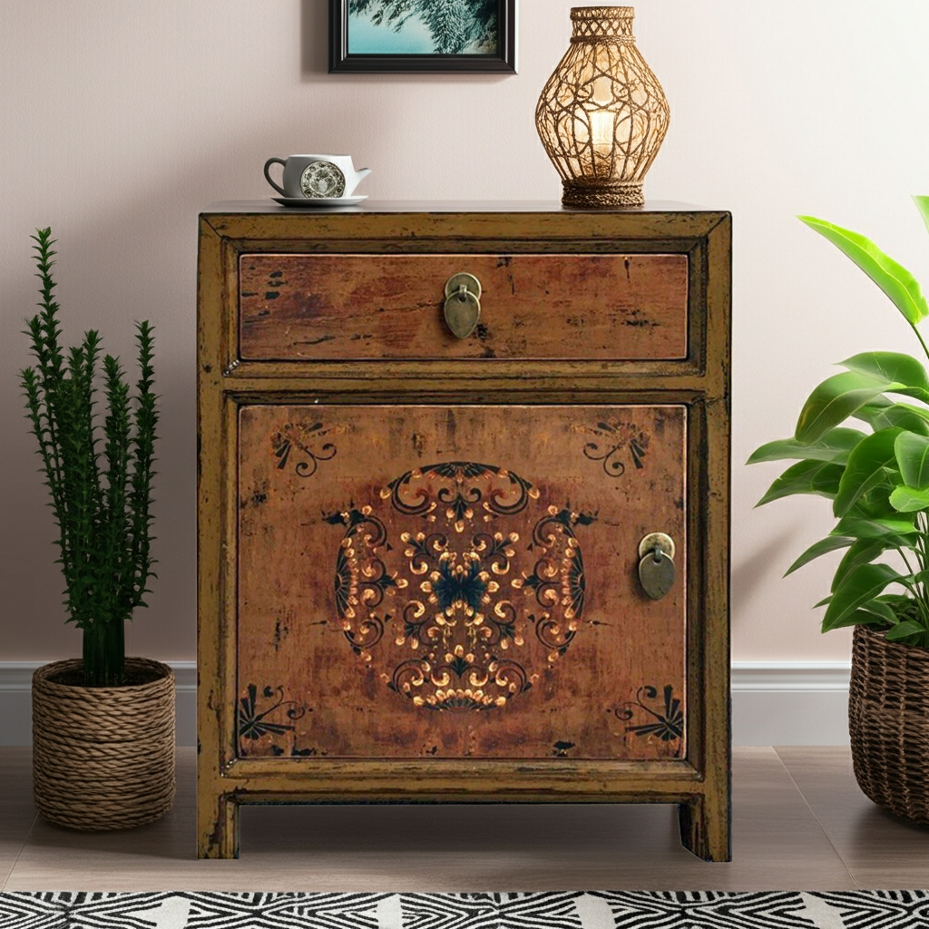 Mesita de noche vintage asiática china marrón - Artículo 35191-7