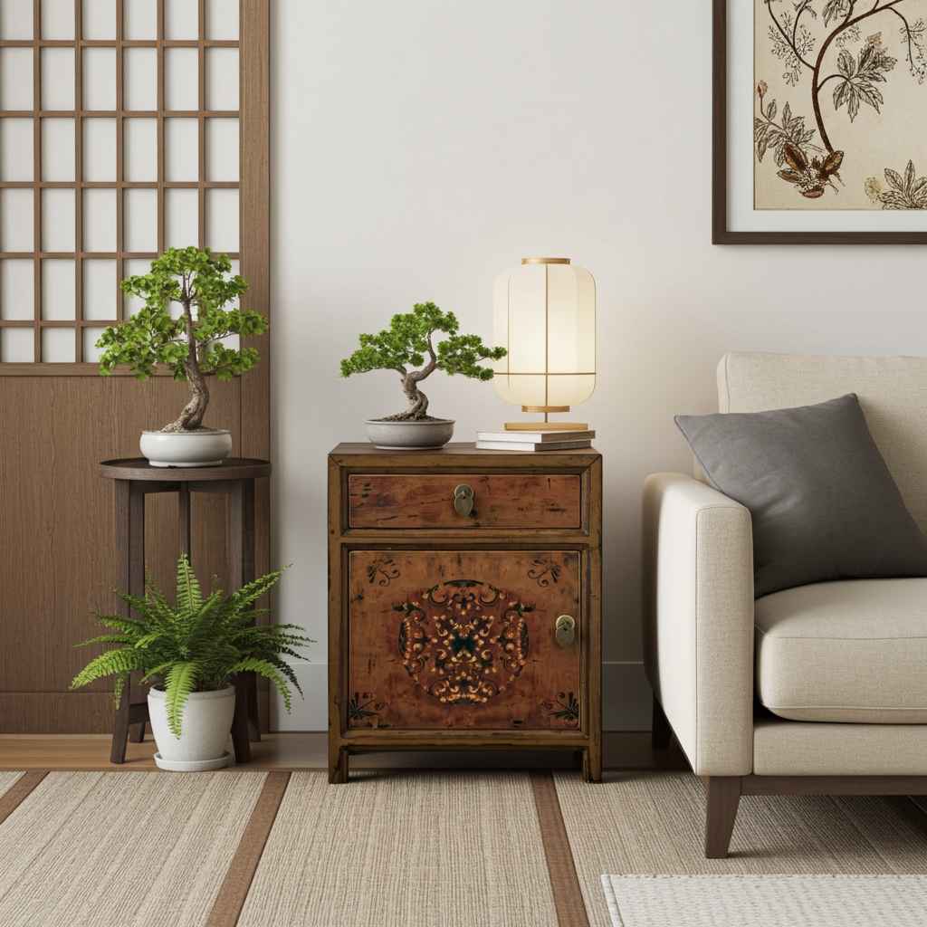 Mesita de noche vintage asiática china marrón - Artículo 35191-7