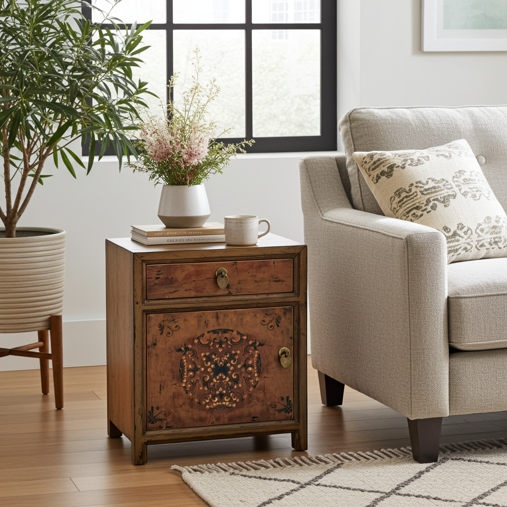 Mesita de noche vintage asiática china marrón - Artículo 35191-7