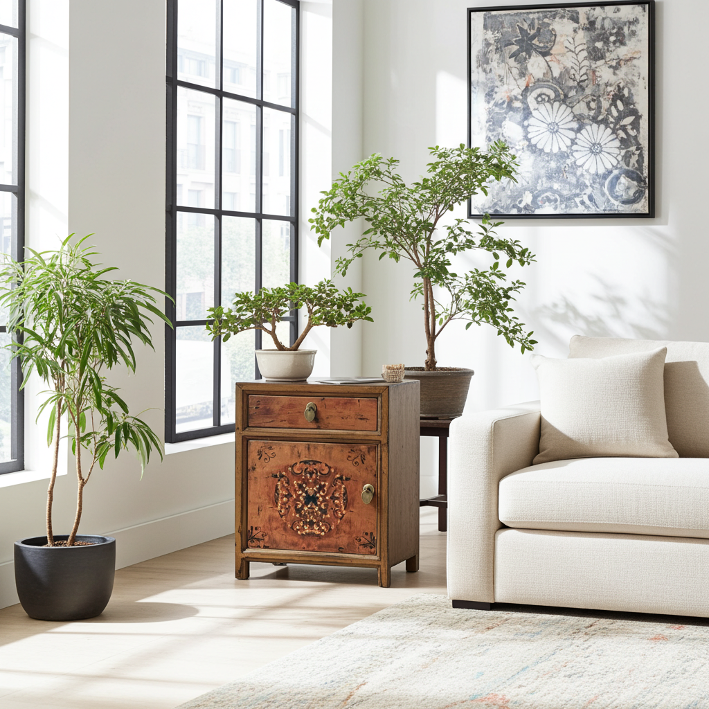 Mesita de noche vintage asiática china marrón - Artículo 35191-7