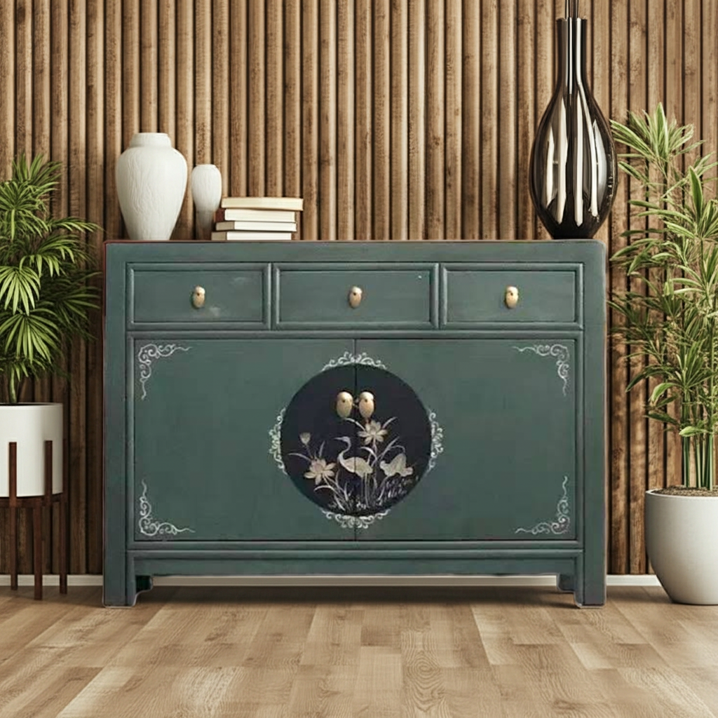Vintage Asia Chinese Chest of Drawers Sideboard Shelf Fir Green - Art. 33082-3