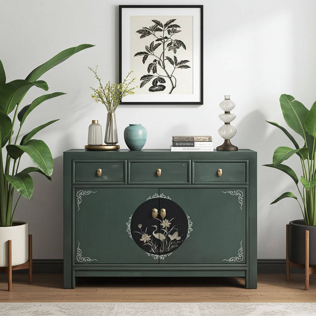 Vintage Asia Chinese Chest of Drawers Sideboard Shelf Fir Green - Art. 33082-3