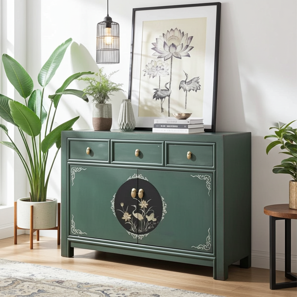 Vintage Asia Chinese Chest of Drawers Sideboard Shelf Fir Green - Art. 33082-3