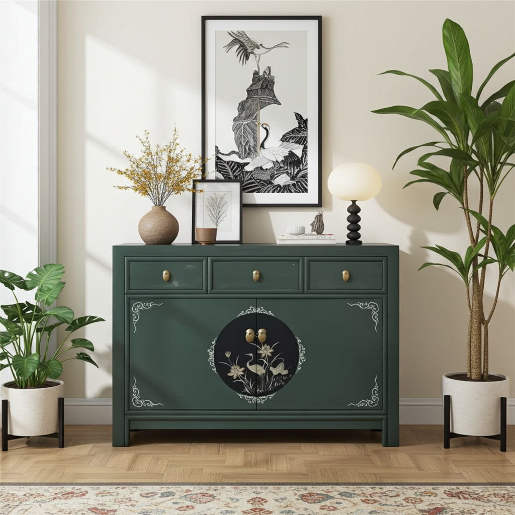 Vintage Asia Chinese Chest of Drawers Sideboard Shelf Fir Green - Art. 33082-3