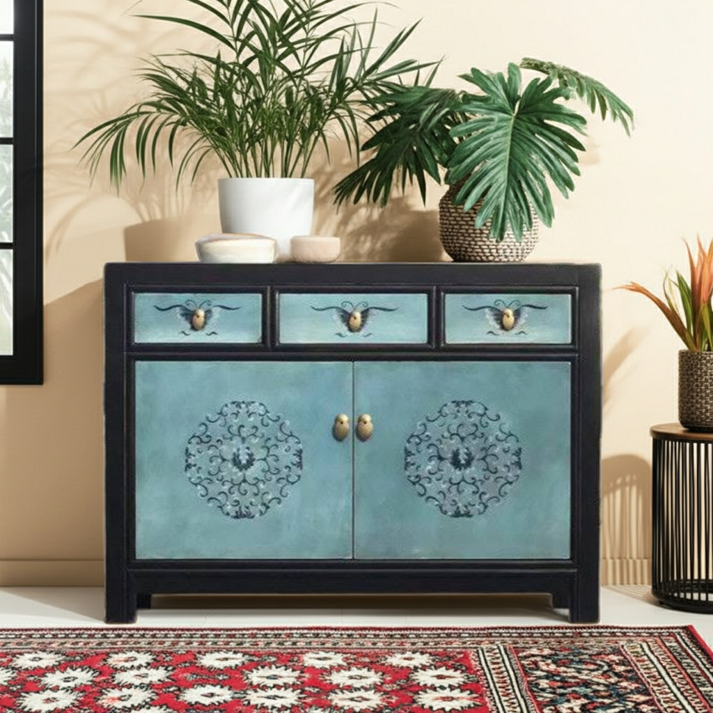 Vintage Asia Chinesische Kommode Sideboard Regal Türkisblau - Art. 33082-8