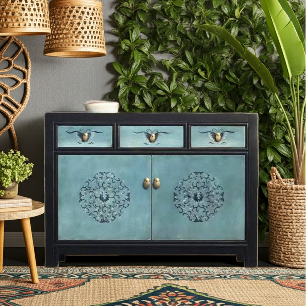 Vintage Asia Chinesische Kommode Sideboard Regal Türkisblau - Art. 33082-8