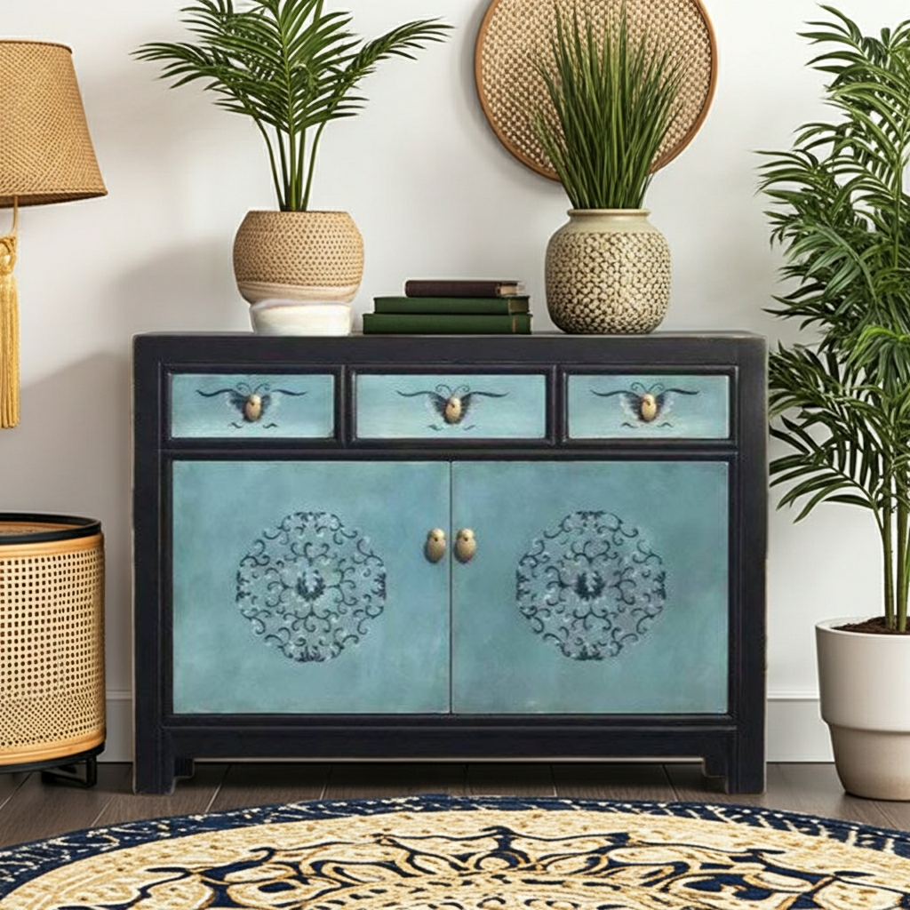 Vintage Asia Chinesische Kommode Sideboard Regal Türkisblau - Art. 33082-8