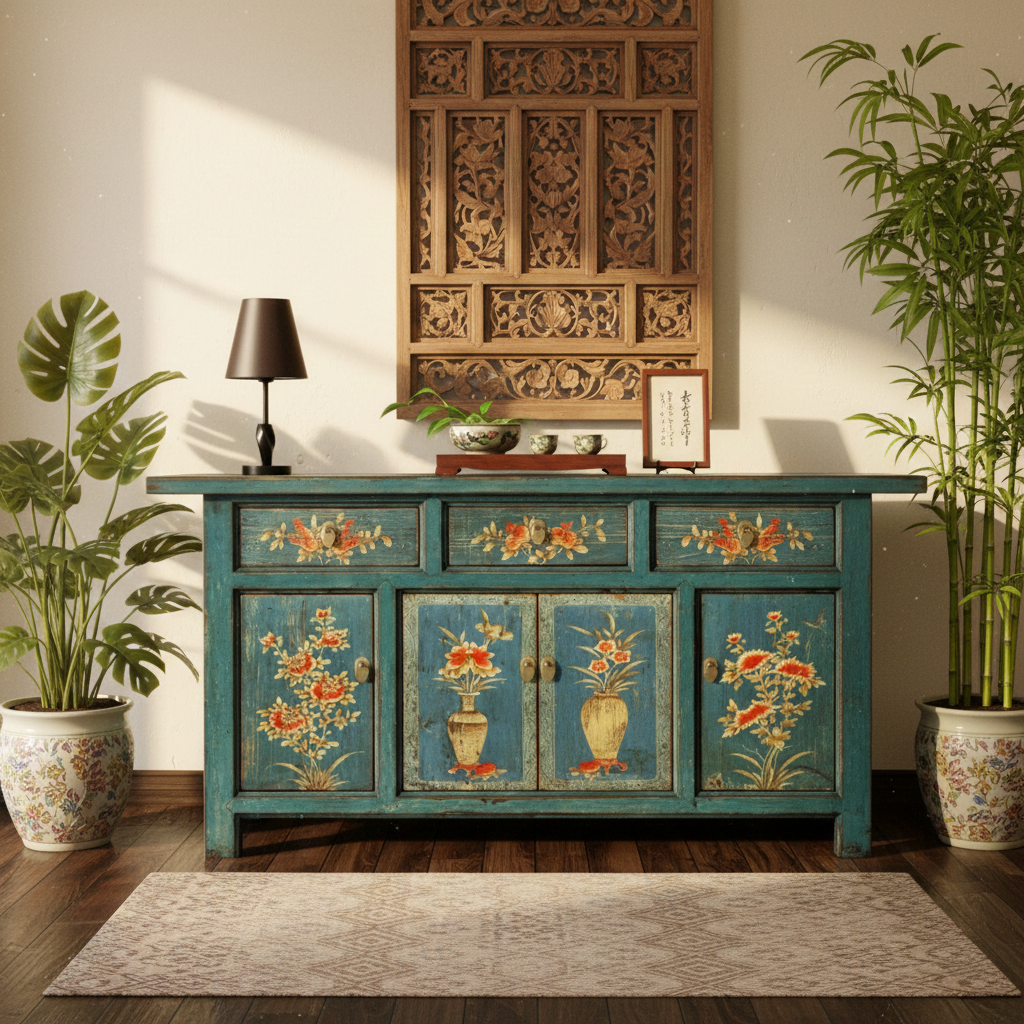 Vintage Asia Orientalische Kommode Sideboard Schrank Blau-Orange - Art. 34372-1