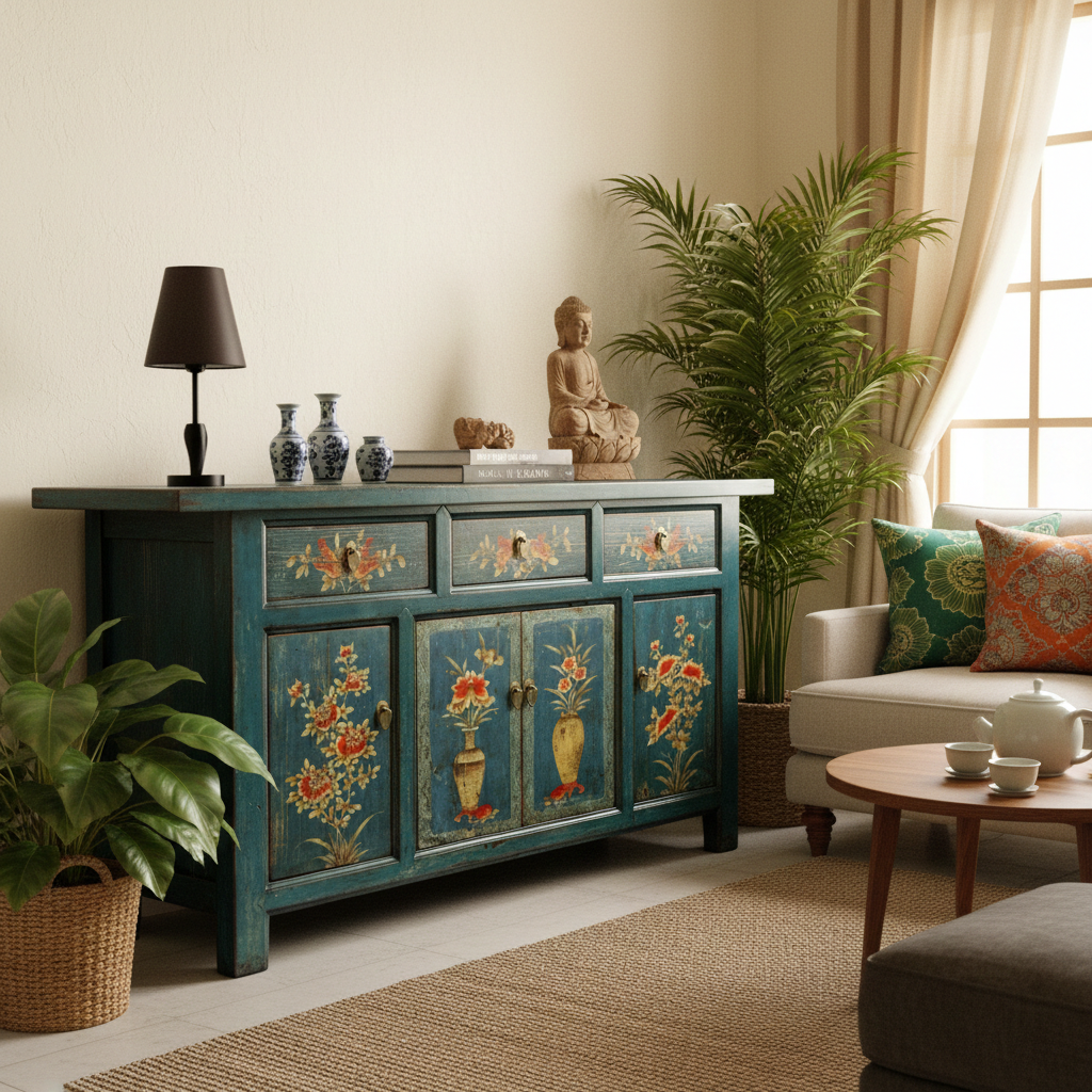 Vintage Asia Orientalische Kommode Sideboard Schrank Blau-Orange - Art. 34372-1