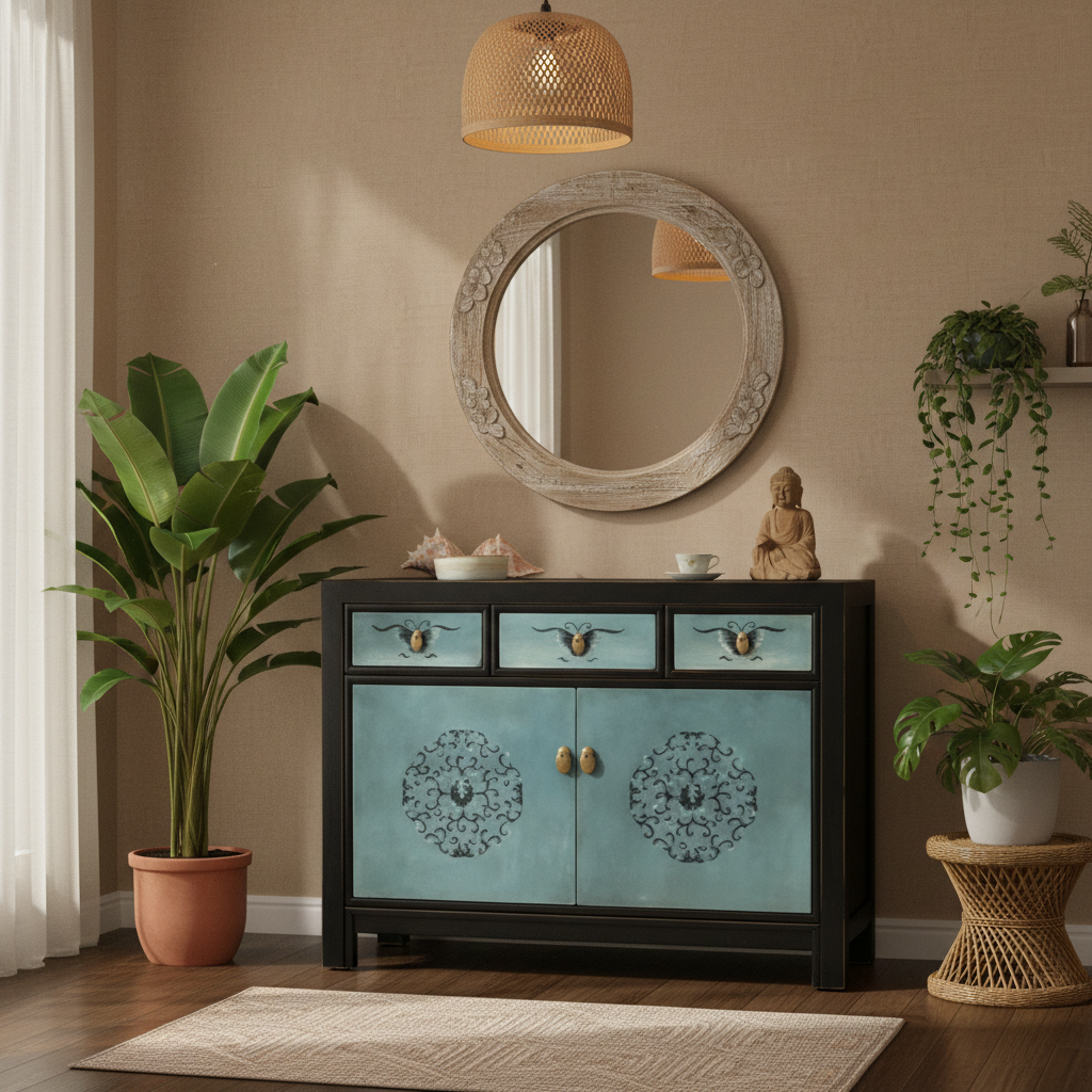 Vintage Asia Chinesische Kommode Sideboard Regal Türkisblau - Art. 33082-8