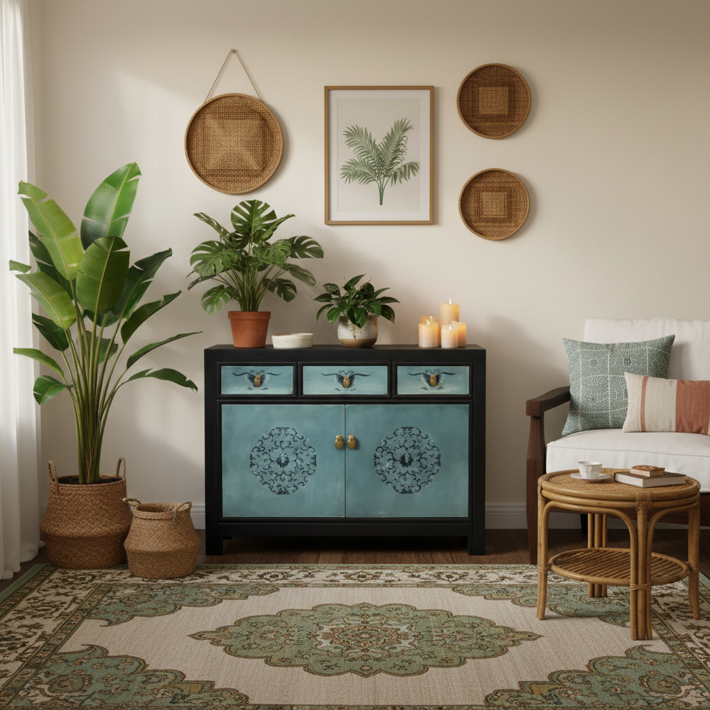 Vintage Asia Chinesische Kommode Sideboard Regal Türkisblau - Art. 33082-8