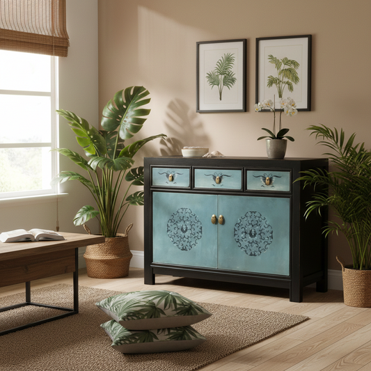 Vintage Asia Chinese Chest of Drawers Sideboard Shelf Turquoise Blue - Art. 33082-8