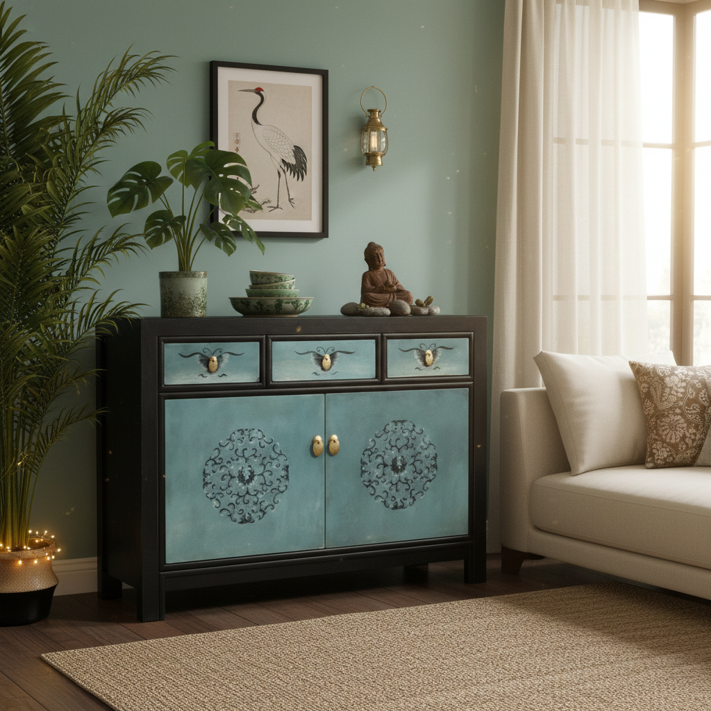 Vintage Asia Chinesische Kommode Sideboard Regal Türkisblau - Art. 33082-8