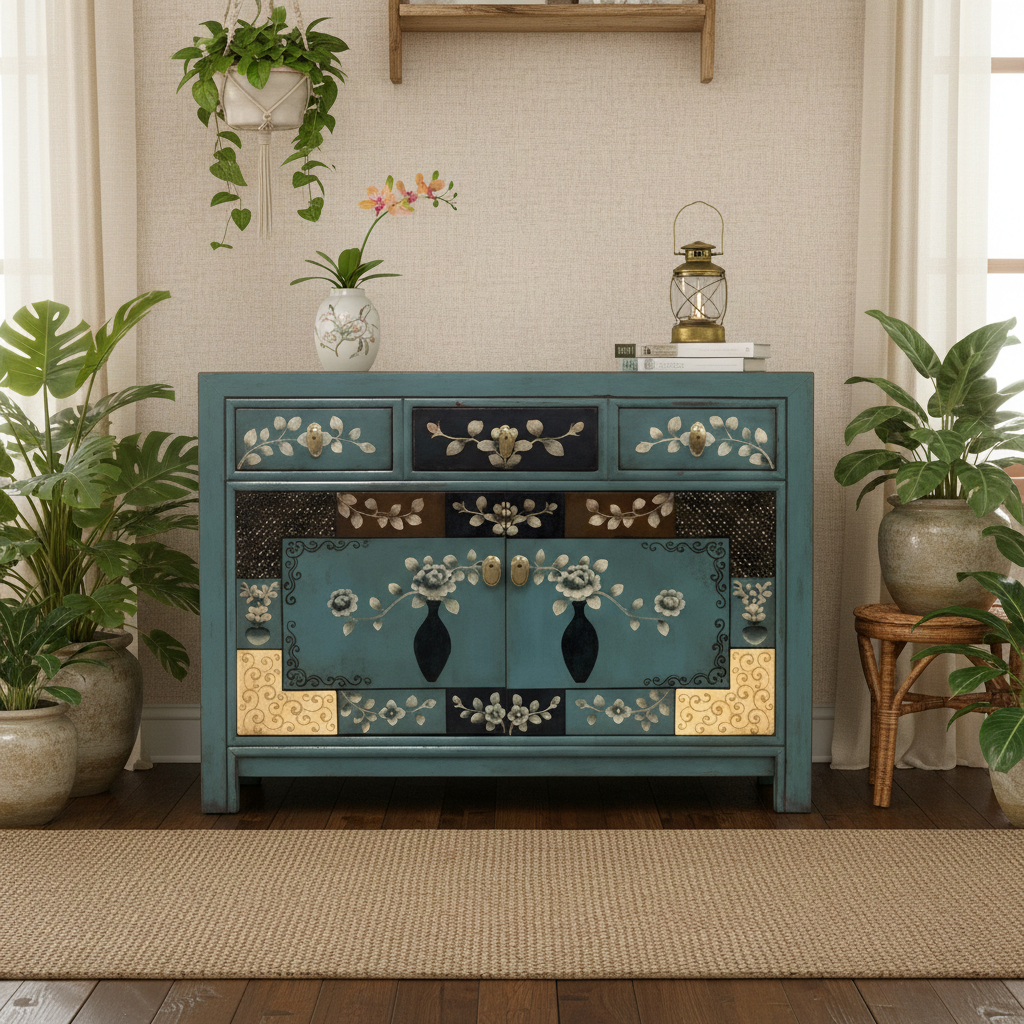 Vintage Asia Chinesische Kommode Sideboard Regal "Oceanflowers" - Art. 33082-5