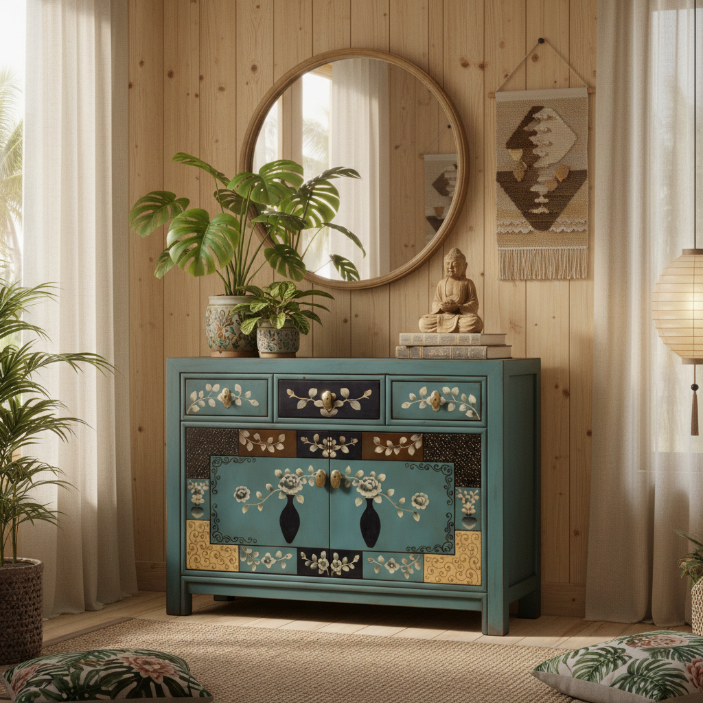 Vintage Asia Chinesische Kommode Sideboard Regal "Oceanflowers" - Art. 33082-5