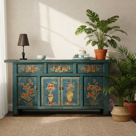Vintage Asia Orientalische Kommode Sideboard Schrank Blau-Orange - Art. 34372-1