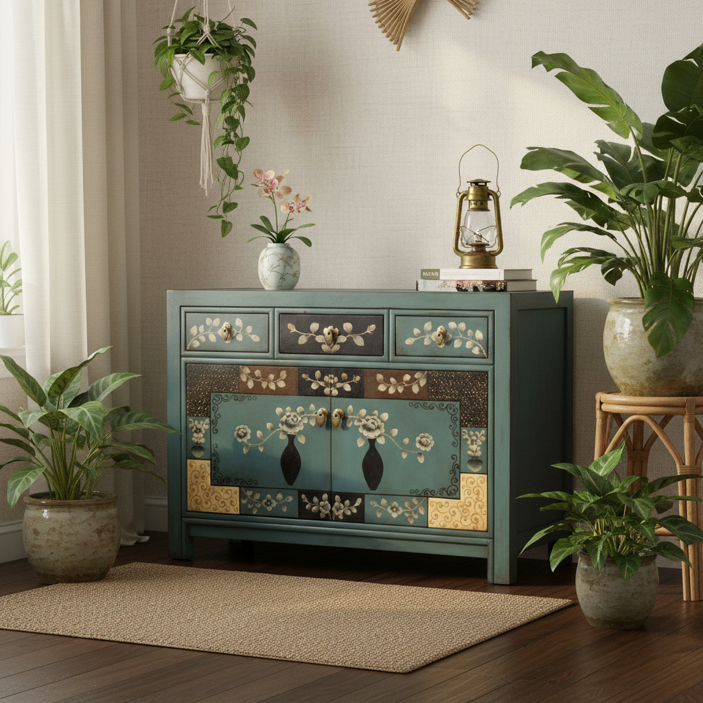 Vintage Asia Chinesische Kommode Sideboard Regal "Oceanflowers" - Art. 33082-5