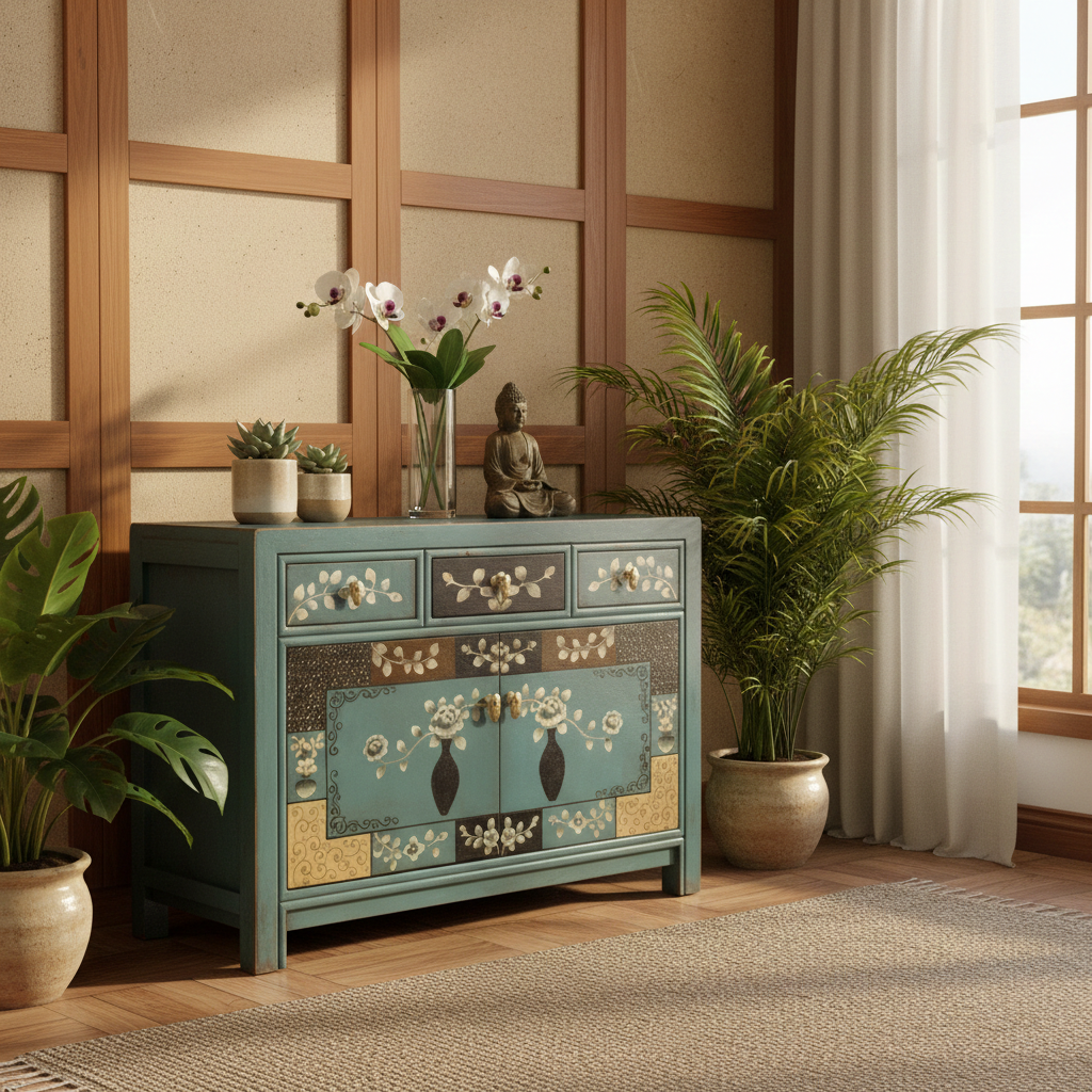 Vintage Asia Chinesische Kommode Sideboard Regal "Oceanflowers" - Art. 33082-5