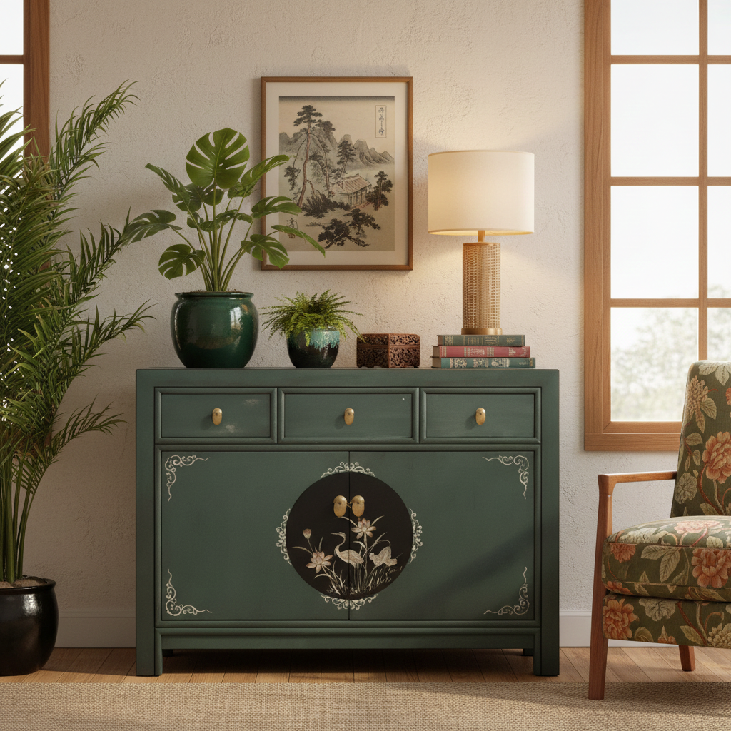 Vintage Asia Chinese Chest of Drawers Sideboard Shelf Fir Green - Art. 33082-3