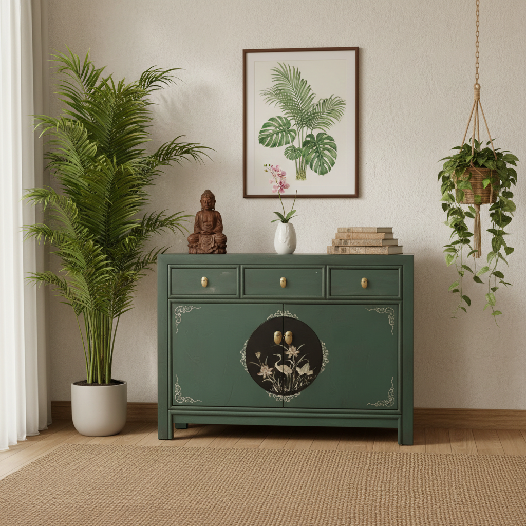 Vintage Asia Chinese Chest of Drawers Sideboard Shelf Fir Green - Art. 33082-3