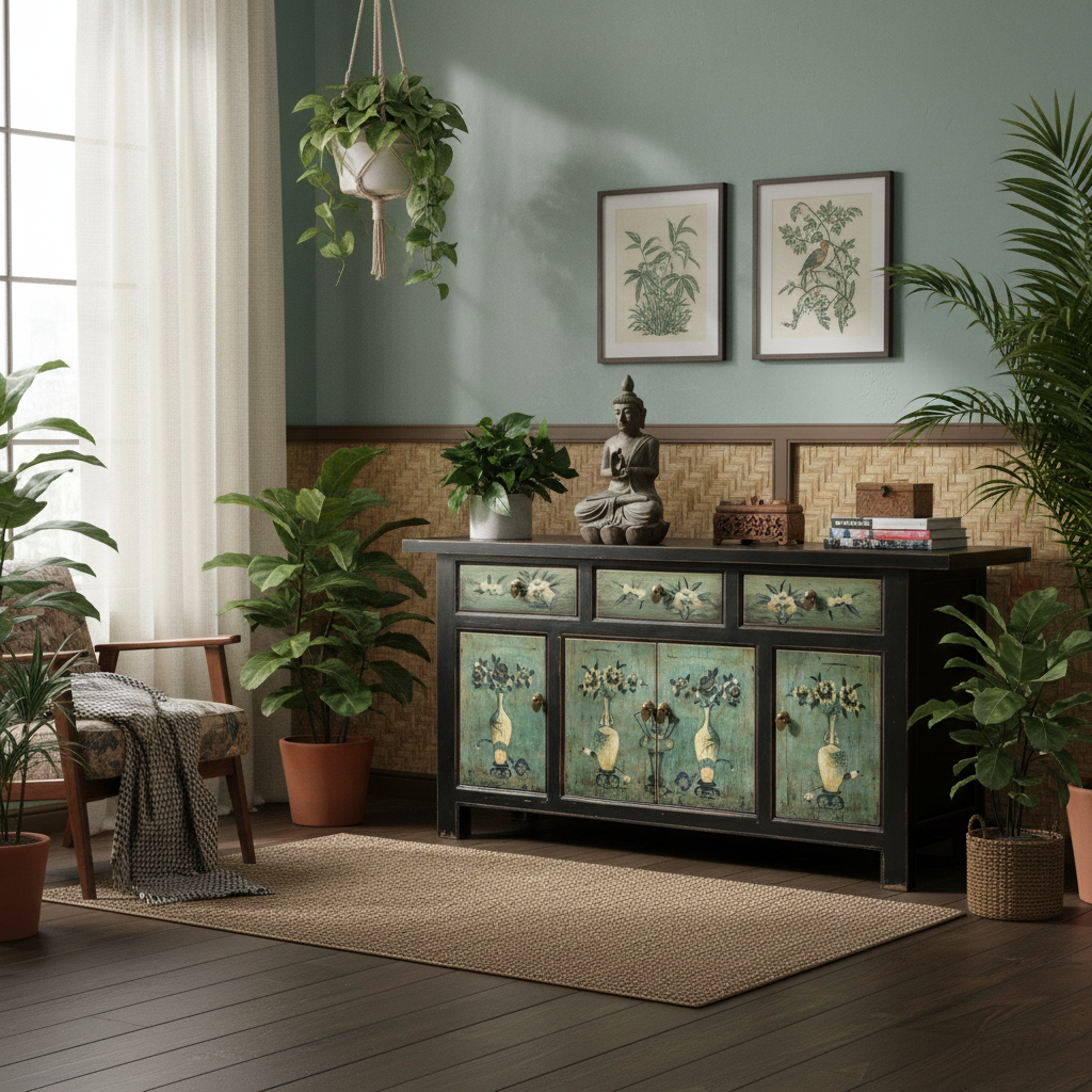 Vintage Asia Oriental Chest of Drawers Sideboard Cabinet Mint Green - Art. 34372-6