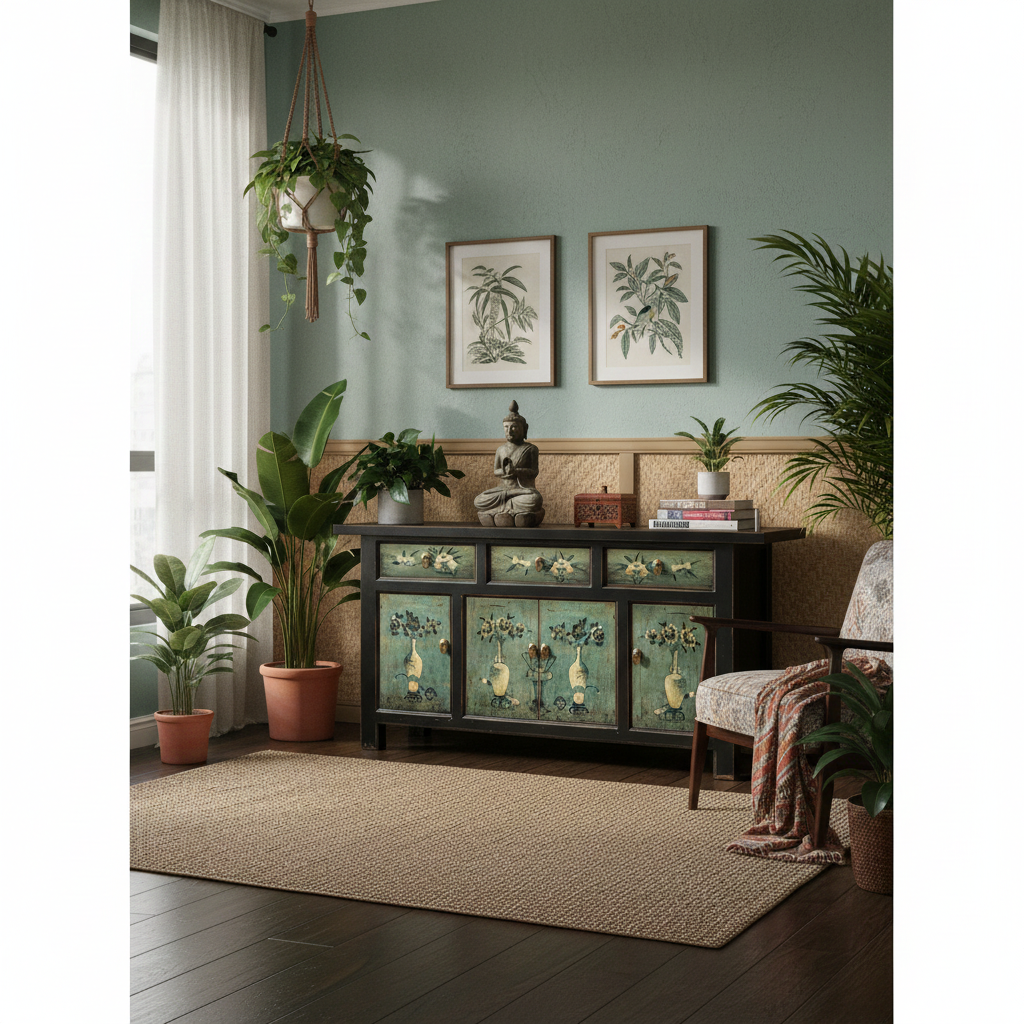 Vintage Asia Oriental Chest of Drawers Sideboard Cabinet Mint Green - Art. 34372-6