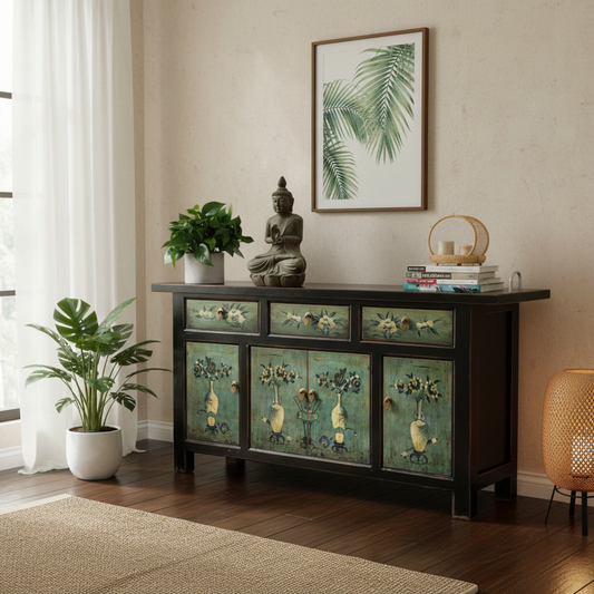 Vintage Asia Oriental Chest of Drawers Sideboard Cabinet Mint Green - Art. 34372-6