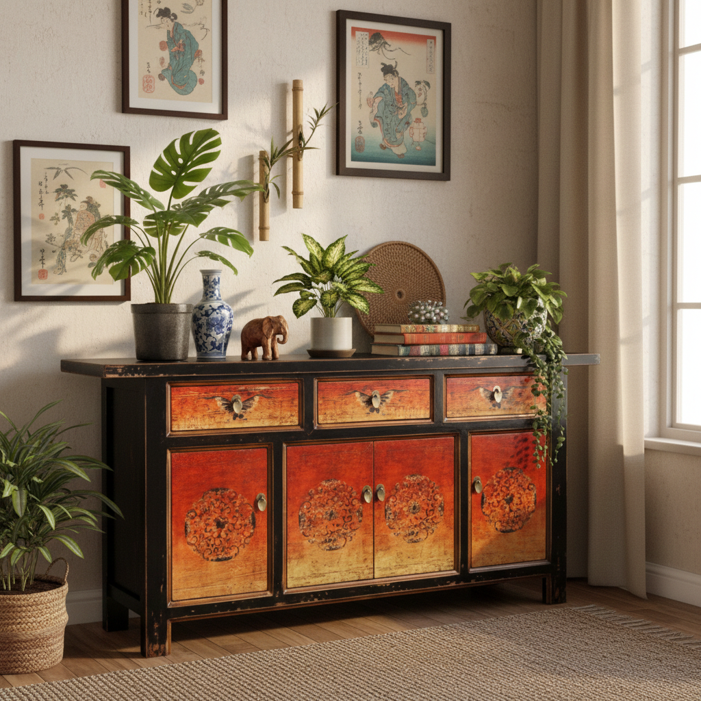 Vintage Asia Orientalische Kommode Sideboard Schrank "Fire" - Art. 34372-2